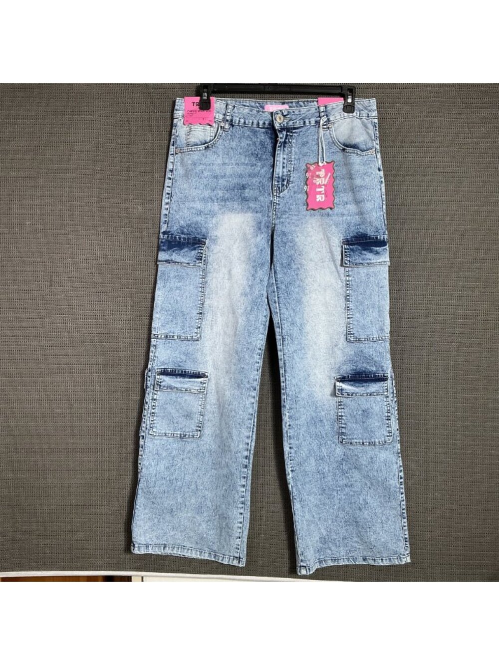 TRTR Women's Size 16 Cargo Wide Leg Relaxed Fit Baggy Acid Wash Denim Jeans